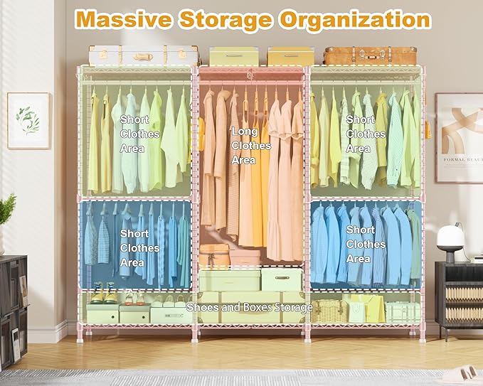 E14 Pro Heavy Duty Clothes Rack，Freestanding Clothing Racks for Hanging Clothes，Adjustable Closet Organizers and Storage，Metal Garment Rack with Shelves 69"W x16"D x77"H，Max Load 960LBS，Pink
