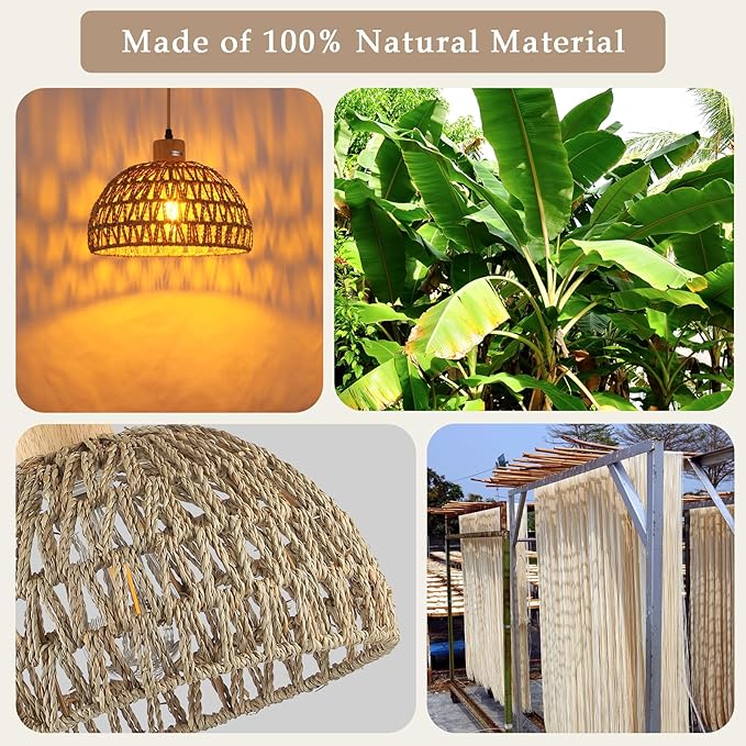 Hand-Woven Pendant Light, 11.8" Dome Rattan Pendant Lighting Fixture Wicker Ceiling Farmhouse Basket Hanging Lamp Boho Coast Chandelier for Kitchen Island Dining Room Sink Hallway Entrance