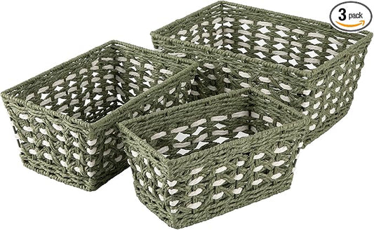 OIAHOMY Wicker Storage Baskets, Paper Rope Shelf Bins, Decortive Baskets for Organizing, Set of 3-Green & White
