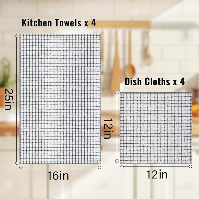 Homaxy Kitchen Towels and Dishcloths Set, 16 x 25 and 12 x 12 Inches, Set of 8 Cotton Terry Kitchen Dish Towels, Super Soft and Absorbent Dish Cloths, Black/Grey/Pink/Brown