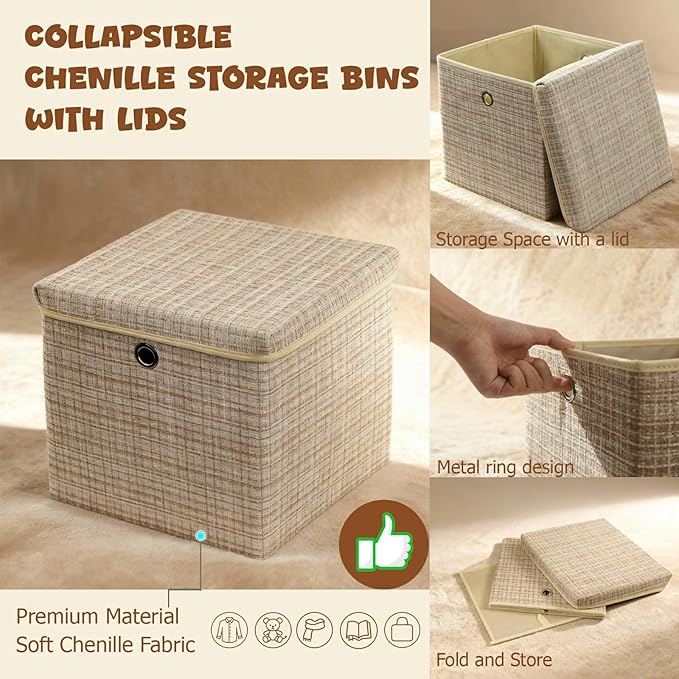 modscape 2-Pack 12"x12" Fabric Cube Storage Bin with Lid, Foldable Collapsible Fabric Storage Bins for Clothes Toys, Sturdy Storage Cube for Bedroom Closet Shelves Home Organization (Shining Beige, 2)