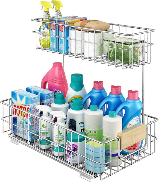 ROOMTEC Pull Out Cabinet Organizer, Under Sink Slide Out Storage Shelf with 2 Tier Sliding Wire Drawer, Sliding Storage for Inside Kitchen Cabinet- 11½ in. W x 21½ in. D (Right)