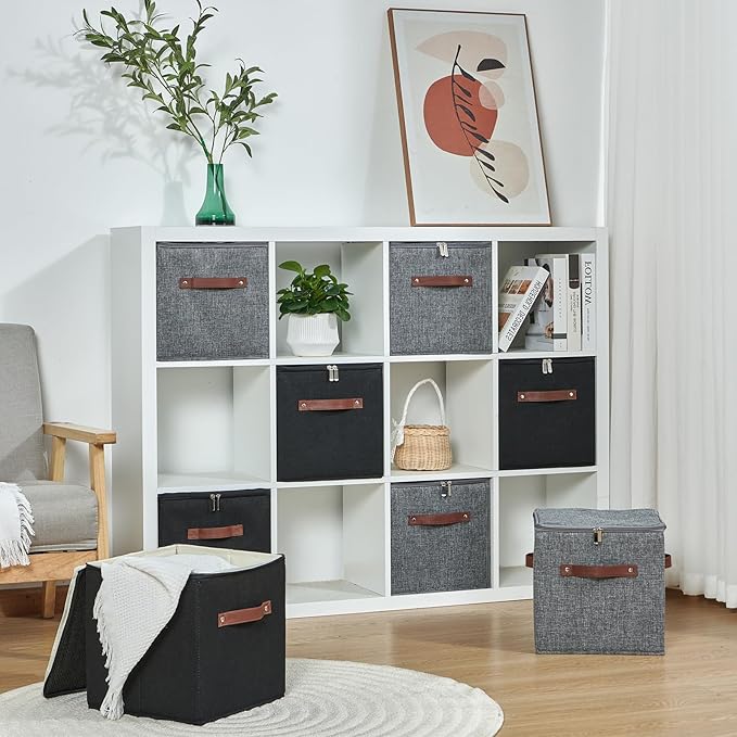 4PCS Storage Cubes with Lid Fabric Storage Bins Boxes PU Leather Handles Cotton Linen Closet Organizer Container Decorative Foldable Washable Shelf Cloth Basket (Zipper Lid, Gray, 11in)