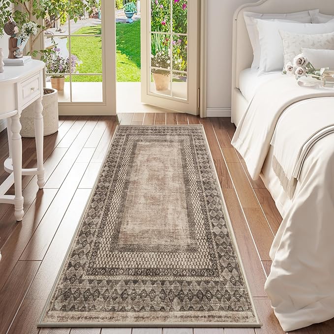 NICETOWN 2'x 8' Brown Runner Rug for Hallway, Machine Washable Thin Non-Slip 2x8 Kitchen Rug Soft Foldable Tribal Bordered Indoor Mat Carpet for Kitchen Laundry Room