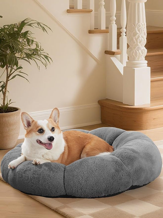OhGeni 31 inches Calming Donut Orthopedic Dog & Cat Bed for Medium Pets, Warming Comfort Fluffy Short Pile Fur, Durable Waterproof Machine Washable Removable Cover, Round Bed for Puppy, Dark Gray