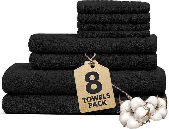 Bath Towels Set of 8 – 100% Cotton (Black) Bathroom Towel Set Bale Includes 2 Bath, 2 Hand, 4 Face Towels – Soft, Absorbent & Quick Dry Towel for Bathroom, Spa, Kitchen, Hotel Use