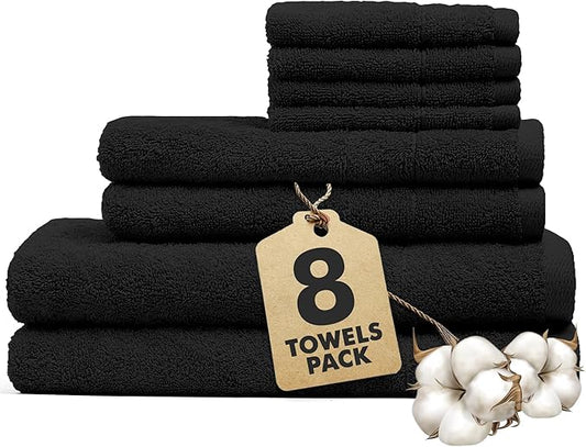 Bath Towels Set of 8 – 100% Cotton (Black) Bathroom Towel Set Bale Includes 2 Bath, 2 Hand, 4 Face Towels – Soft, Absorbent & Quick Dry Towel for Bathroom, Spa, Kitchen, Hotel Use