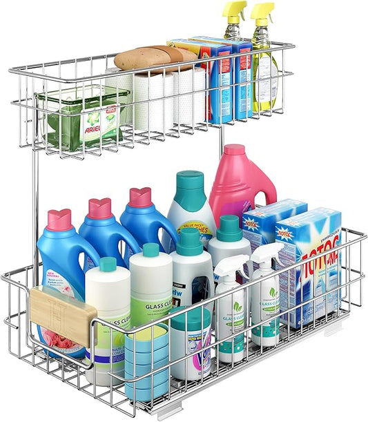 ROOMTEC Pull Out Cabinet Organizer, Under Sink Slide Out Storage Shelf with 2 Tier Sliding Wire Drawer, Sliding Storage for Inside Kitchen Cabinet- 11½ in. W x 21½ in. D (Left)