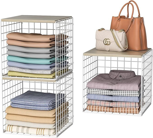 3PCS Stackable Closet Organizers and Storage, Closet Shelves with Wood Top Extra Storage, Clothes Storage Organizer Basket Bin/Cube for Home Wardrobe Organization(White-Sturdy Metal) Patent Pending