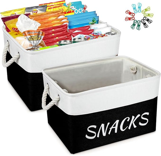 Snack Organizer for Pantry, Decorative Snack Basket with 10pcs Chip Clips, Snack Organizer for Desktop, Collapsible Snack Storage Basket Pantry Shelf, Office, Kitchen and More (Black, Medium-2 Pack)
