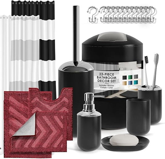 Clara Clark Bathroom Accessories Set - Black Shower Curtain Set with Bathroom Trash Can, 23PC Bathroom Set, Bathroom Sets with Shower Curtain and Red Rugs
