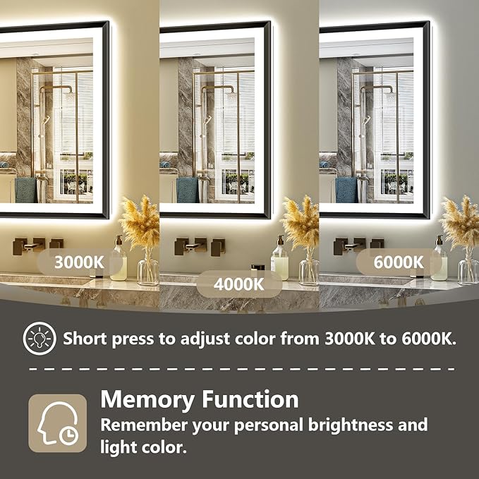 24x36 Black Framed LED Bathroom Mirror with Lights, Backlit and Front Light, Lighted Bathroom Vanity Mirror for Wall Dimmable Anti-Fog Memory Tempered Glass Horizontal/Vertical