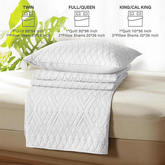 akkialla Full/Queen Size Quilt Bedding Set,White Lightweight Microfiber Soft Bedspread,Modern Style Geoetric Pattern Coverlet Set for All Seasons,3 Piece(1 Quilt,2 Pillow Shams)