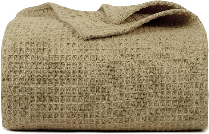 Bed & Bath Home Premium 100% Cotton Waffle Weave Blanket King Size – Soft Breathable Lightweight Comfort, Natural All-Season Bed Blanket, Easy-Care Bedspread for Bed & Couch (Khaki)
