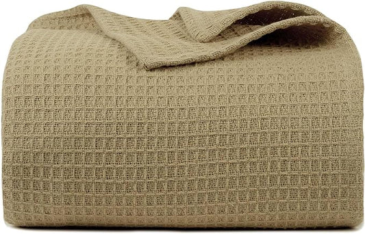 Bed & Bath Home Premium 100% Cotton Waffle Weave Blanket King Size – Soft Breathable Lightweight Comfort, Natural All-Season Bed Blanket, Easy-Care Bedspread for Bed & Couch (Khaki)