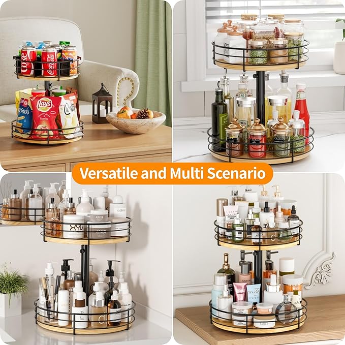 2-Tier Rotating Snack Organizer - Height Adjustable Lazy Susan Turntable for Kitchen Countertop, Black