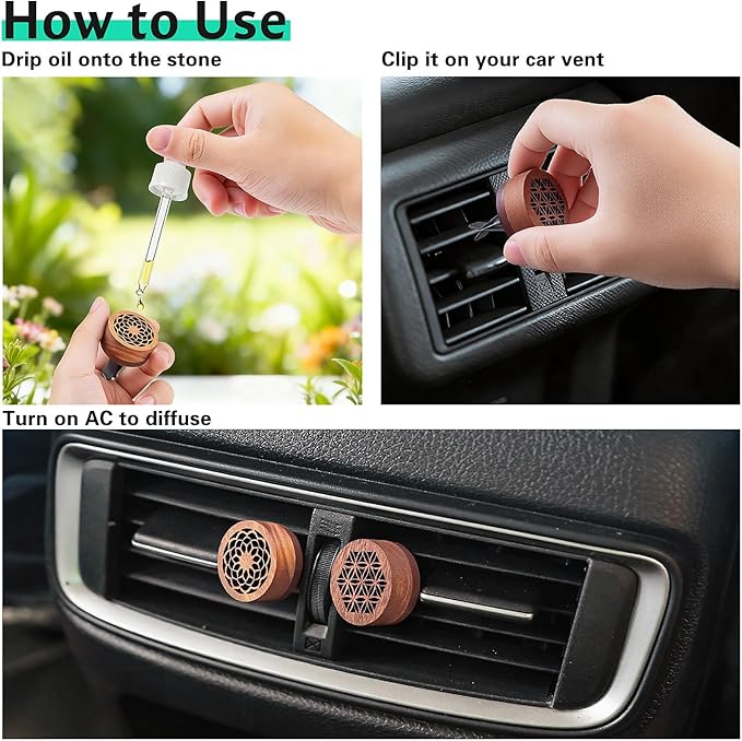 3 Pcs Lava Rock Essential Oil Diffusers -1 Lava Stone Passive Diffuser with Wood Bottom and 2 Wooden Car Diffusers, Passive Diffuser for Home, Office, Bedroom, Bathroom, Sauna Room, Car Air Freshener