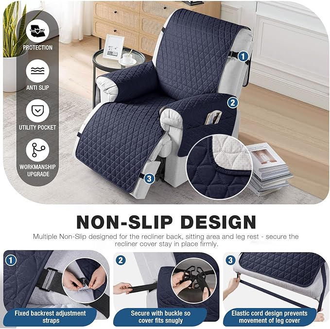 TAOCOCO 100% Waterproof Recliner Cover - Recliner Cover with Non-Slip Granule, Recliner Chair Covers with Elastic Band, Recliner Chair Covers for Reclining Chair(Dark Blue, Oversized-30'')