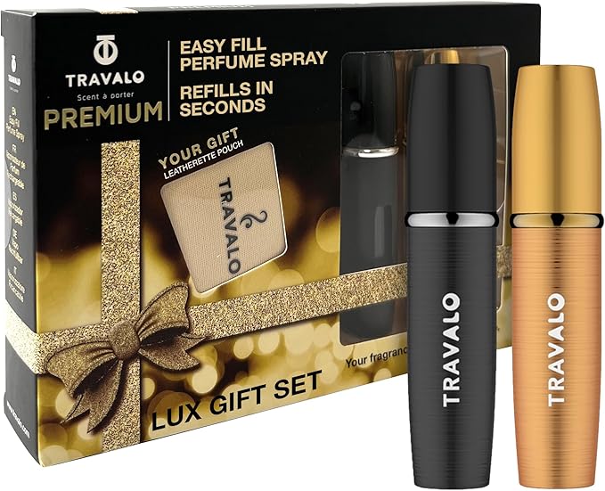 Lux Perfume Atomizer Gift Set Black & Gold - 2 Pc Leak-Proof, Airtight, Easy to Fill Mini Spray Bottles - Travel Size Perfume Refill Bottle with Polished Metal Alloy Outer Shell