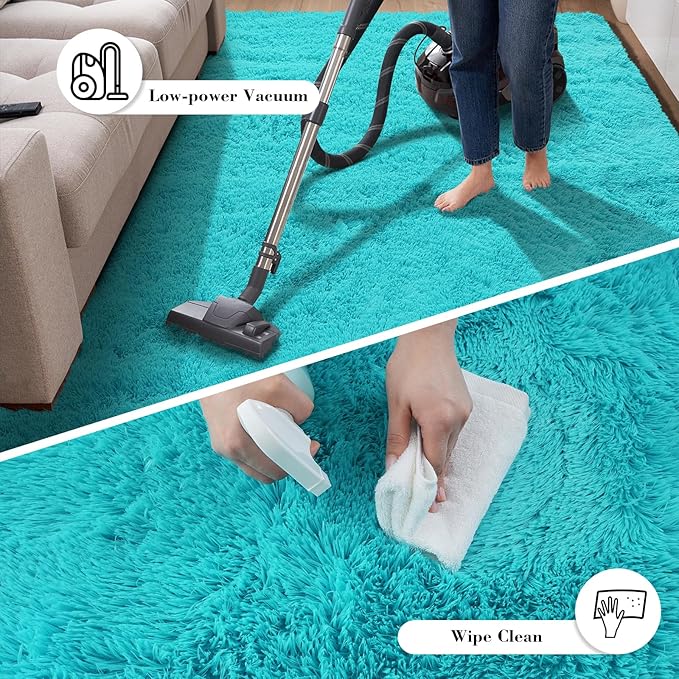 Teal Blue Rug Fluffy Rug, 10x14 Teal Area Rugs for Living Room, Soft Cute Baby Play Mat, Teal Rugs for Bedroom, Nursery, Preppy Dorm, Plush Aesthetic