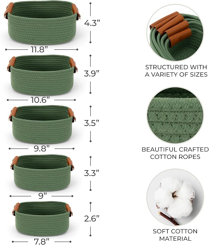 Storage Basket Set of 5 - Cotton Rope Organizer Bins for Home, Nursery & Bedroom