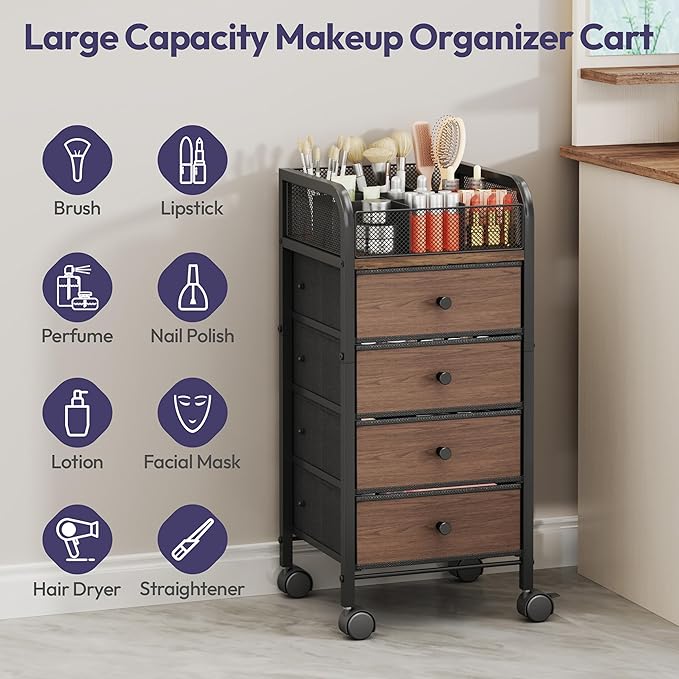 SWTYMIKI Rolling Makeup Organizer Cart - Floor Skincare Make Up Storage with 4 Non-woven Drawers, Vanity Organizer Cosmetic Display Cases Cabinet for Skin Care Perfume Nail Polish Brush Hair Tool