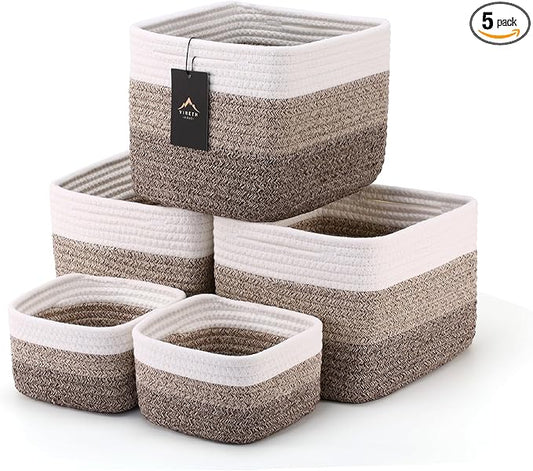 5-Pack Storage Cubes Woven Rope Baskets - 2 Sizes Organizer Bins for Closet, Shelf, Bookshelf, Nursery, Changing Table, Cube Storage Bins, Storage Baskets for Bathroom Toy & Home
