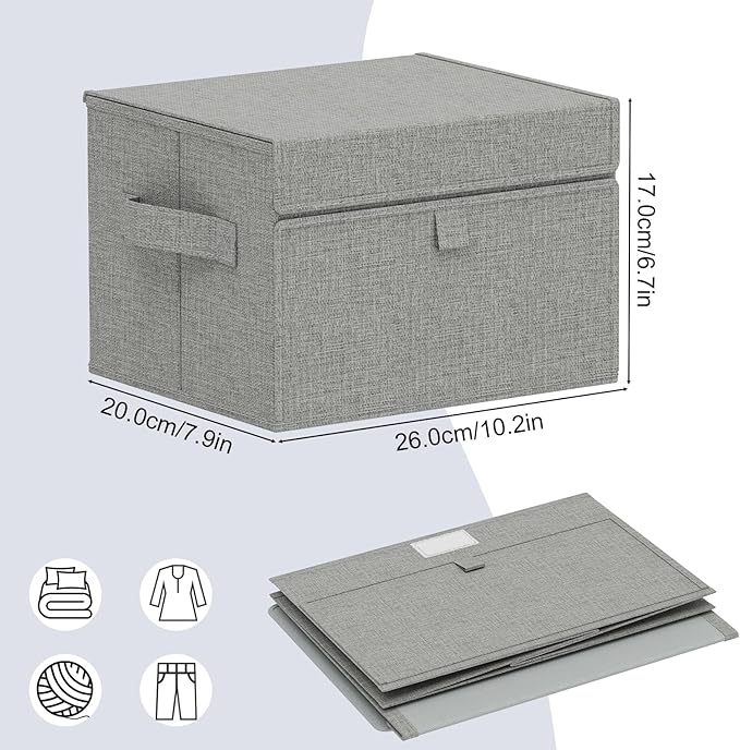 Storage Boxes with Flip Cover, Foldable Bin for Clothes, Cubes with Handles, Decorative Linen Baskets for Home, Bedroom, Closet, 10.2x7.9x6.7in, Grey, 4 Pack