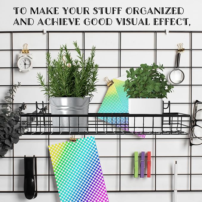 4 Pcs 15.75 x 3.94 x 1.97 Inch Metal Grid Wall Baskets with Hooks Grid Wall Shelves Hanging Wire Basket Multi Function Storage Organizer for Kitchen Organizing Display (Black)