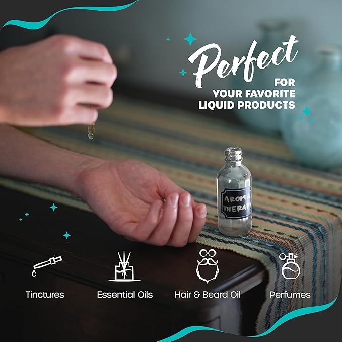 2 Oz Dropper & Spray Clear Glass Bottles w/Funnels, Cleaning Brushes, Label Stickers & Markers Bundle
