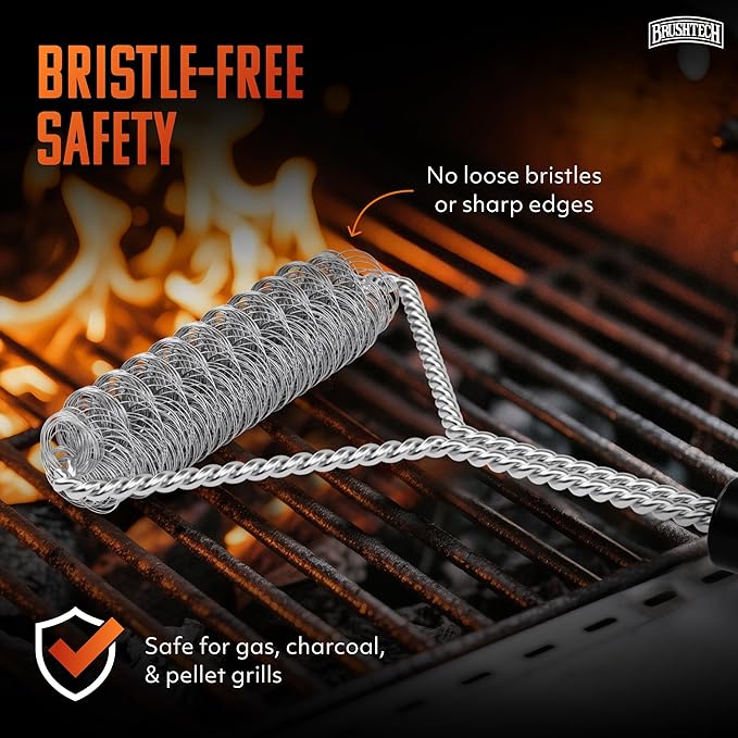 Double Helix Grill Brush, 16″ Flat BBQ Grill Cleaner - Bristle‑Free Coil Springs Clean Tops & Sides - Stainless Steel, Long Reach Handle, Heavy‑Duty BBQ Tool for Gas & Charcoal Grates