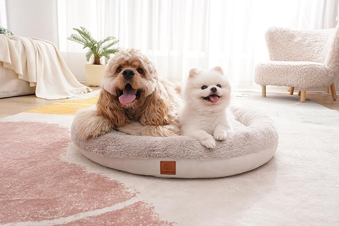 Round Donut Dog Bed – Luxury Orthopedic Dog Beds with Memory Foam – Calming Bolster Pet Bed, Water-Resistant, Washable Plush Cover, YKK Zipper – Small, Medium Dogs & Cats (25 Inches)