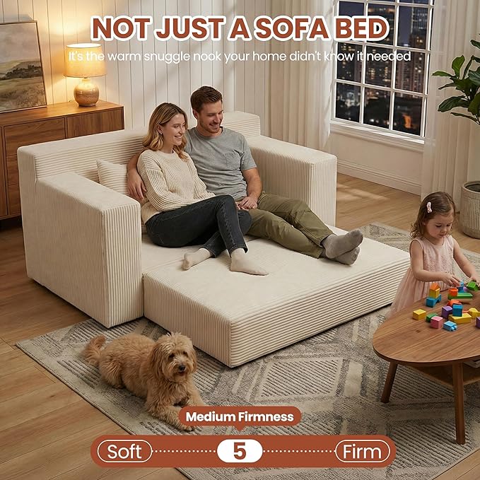5 in 1 Convertible Sofa Bed,Small Boneless Couch Pull Out Loveseat Sleeper Sofa,Corduroy Futon Couch Folding Mattress with 4 Pillows for Living Room Bedroom Lounge (No Assembly)
