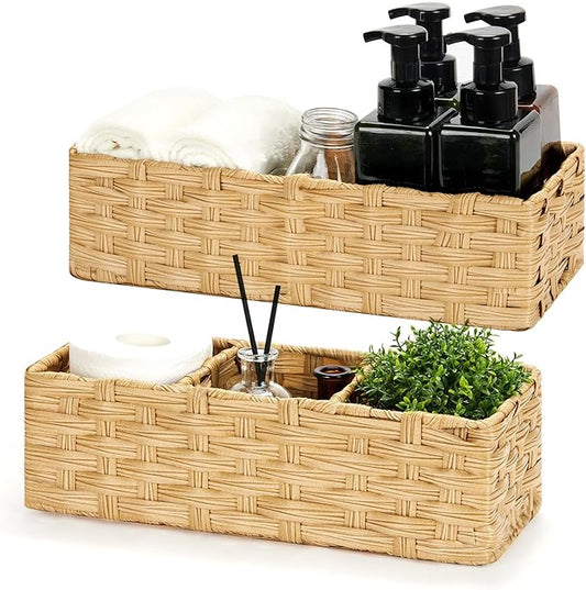 Bidtakay Small Wicker Baskets for Organizing Woven Baskets for Storage 2-Pack Waterproof Imitation Wicker Narrow Storage Bins for Shelves Towels Baskets for Washroom Natural