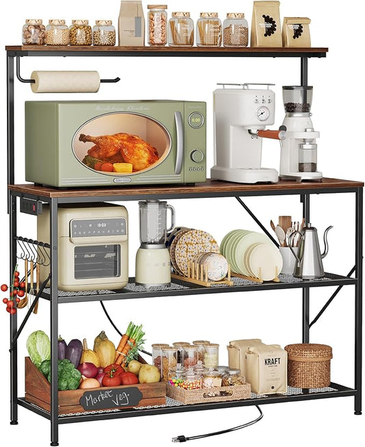 Huuger 4-Tier Bakers Rack with Reversible Power Outlet, 39.4 Inch Microwave Stand with Paper Towel Holder, Kitchen Bar, Larger Storage with Top Shelf, 6 S Hooks, White