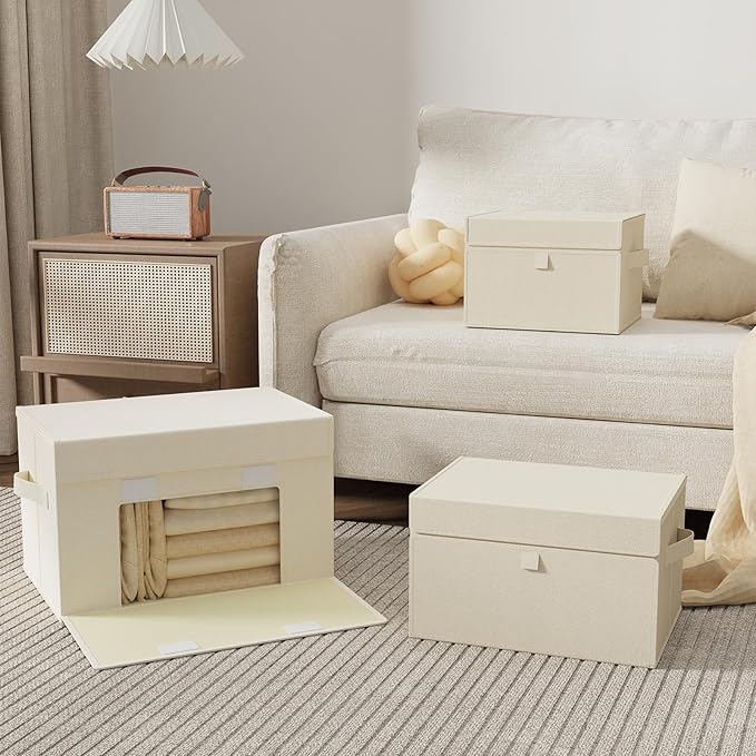 Convenient Storage Bins for Taking Clothes, Fabric Boxes with Flip Cover, Collapsible Organizer with Handles, Cube Baskets for Home, Bedroom, Closet, 15x9.8x9.8in, Beige, 4 Pack