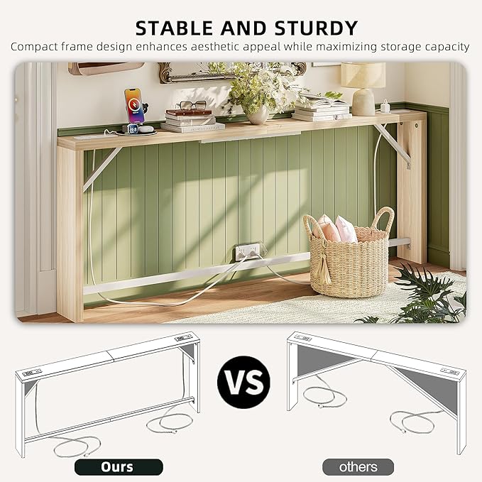 TIQLAB Sofa Table, 79 inch (1.2'' Thick Tabletop) Long Console Table Behind Couch, Narrow Entryway Table with Angled Metal Frame, Industrial Console Table for Entryway, Light Walnut
