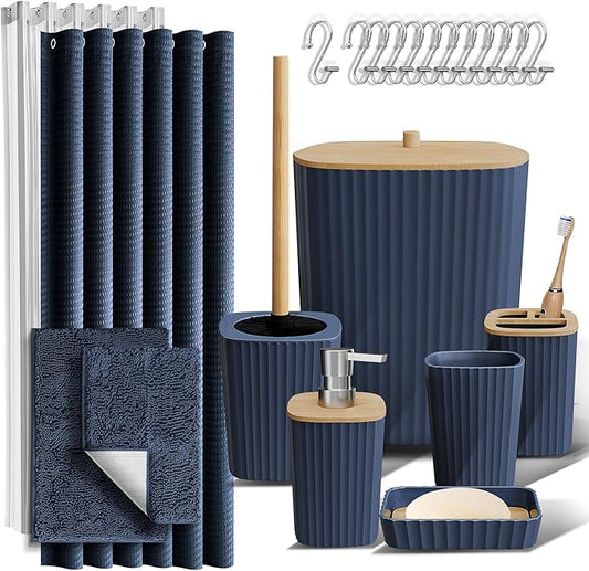 Clara Clark Bathroom Accessories Set - Bathroom Set, Bathroom Sets with Shower Curtain and Rugs, Shower Curtain Set with Bathroom Trash Can - Navy - 22PC