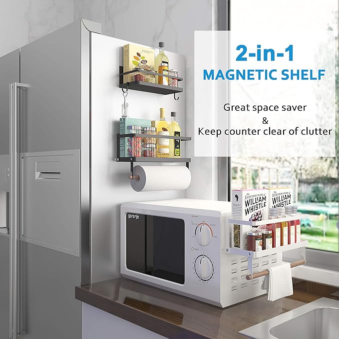 Magnetic Spice Rack, THIPOTEN 2-in-1 Foldable Strong Magnetic Shelf with Paper Towel Holder, Perfect Space Saver for Small Kitchen/Apartment, Easy to Install on The Side of Refrigerator(Black)