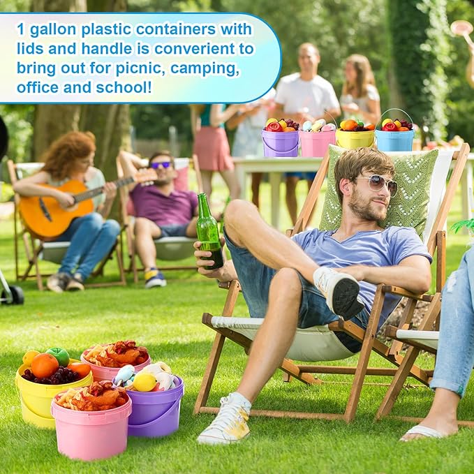 8 Pack 1 Gallon Plastic Bucket with Lids and Handles Food Grade Ice Cream Buckets with Lid Reusable Colorful Multipurpose Food Storage Containers Freeze Safe Ice Cream Tubs for Kitchen