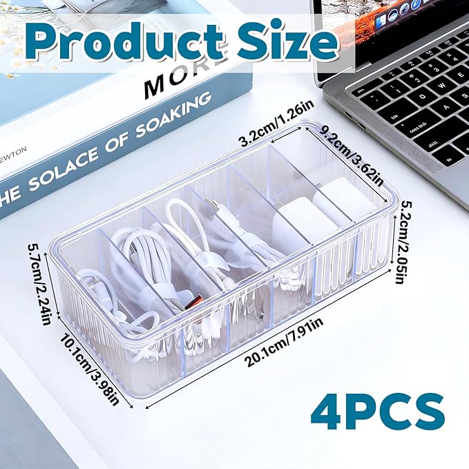 4 Pcs Cord Organizer Box, 8 x 4 x 2 Inch Small Clear Plastic Cable Organizer Box with Lid 6 Compartments Cord Boxs for Home, Office, Desktop Organization