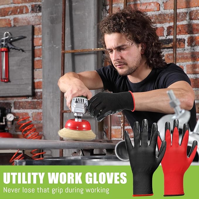 50 Pair Nitrile Coated Work Gloves for Men Bulk Red Safety Work Gloves for Women Garden Grip Touch Screen Warehouse Construction Utility Mechanic