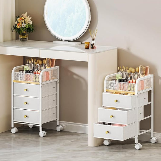 SWTYMIKI Rolling Makeup Organizer Cart - Floor Skincare Make Up Storage with 3 Non-woven Drawers, Vanity Organizer Cosmetic Display Cases Cabinet for Skin Care Perfume Nail Polish Brush Hair Tool