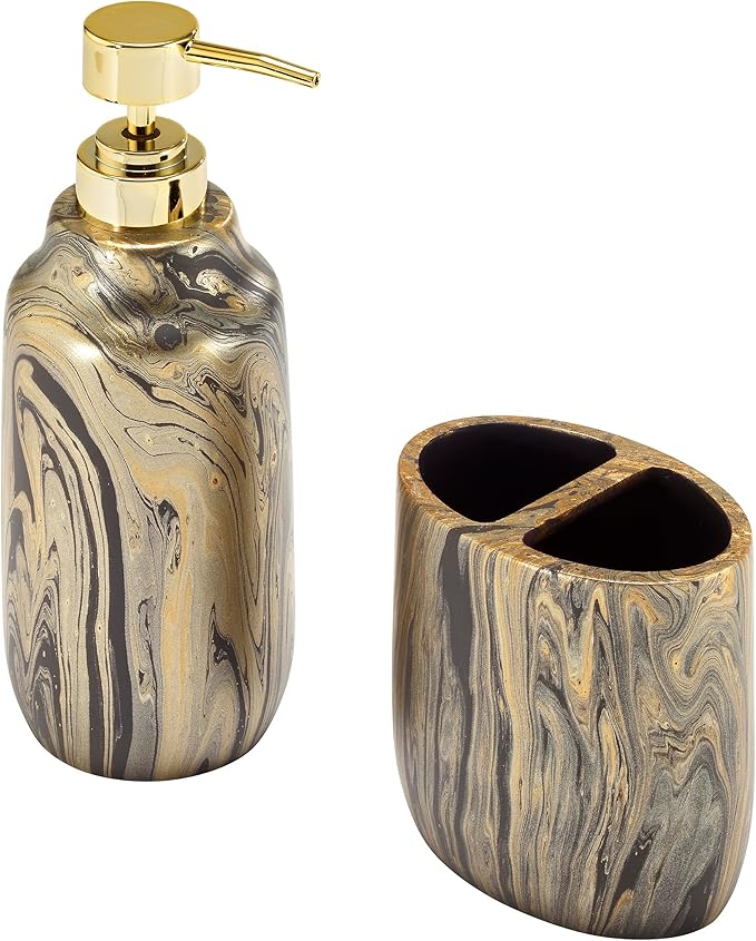 Nicole Miller - Bathroom Set, 2pc Resin Accessories, Toothbrush & Lotion Pump/Soap Dispenser, Dorm Room Essentials (Harper Collection, Black/Gold)