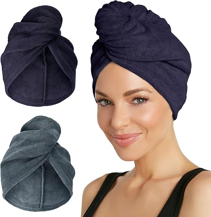 Turbie Twist 2-Pack Microfiber Hair Towel for Beauty, Travel, Gifting - Wrap Turban for Straight, Wavy & Curly Hair - Premium Personal Care- Evening Blue & Dark Shadow