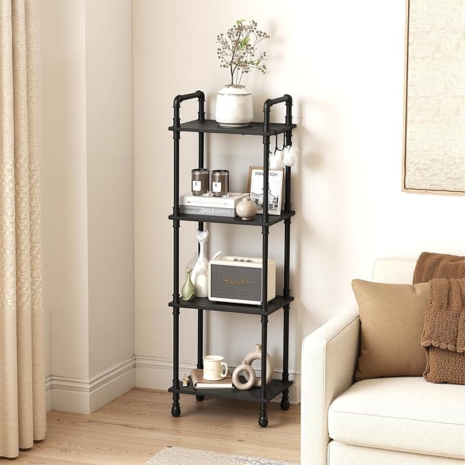 Aduanbang 4-Tier Industrial Pipe Ladder Shelf, Vintage Style Bookshelf, Freestanding Storage Rack Organizer for Living Room, Bedroom, Kitchen (Black(4-Tier))