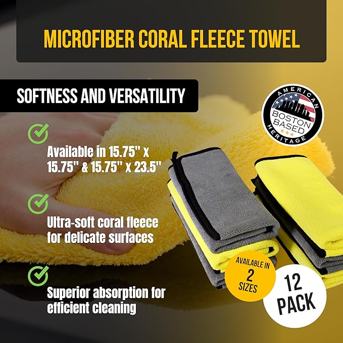 VPD Microfiber Coral Fleece Towels - Dark Yellow, Ultimate Car Drying Towels, Extra Large, Super Absorbent, Lint and Scratch Free, Perfect for Car Wax Polishing (12, 15.75" by 15.75")