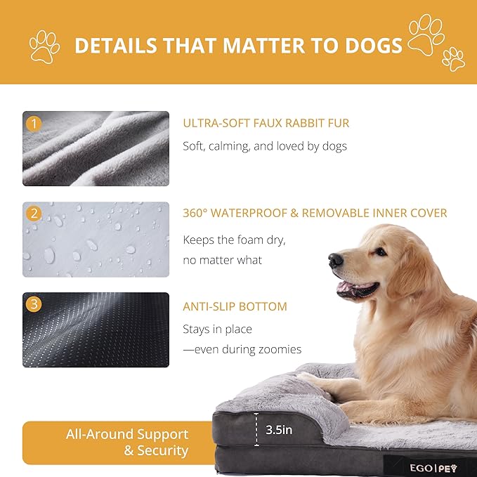 EGOHOME Orthopedic Dog Bed for Medium Dogs, Waterproof Memory Foam Medium Pet Beds with Sides,Egg-Crate Charcoal Foam Sofa with Removable Cover & Non-Slip Base, Grey, 30x20x6.5 Inch