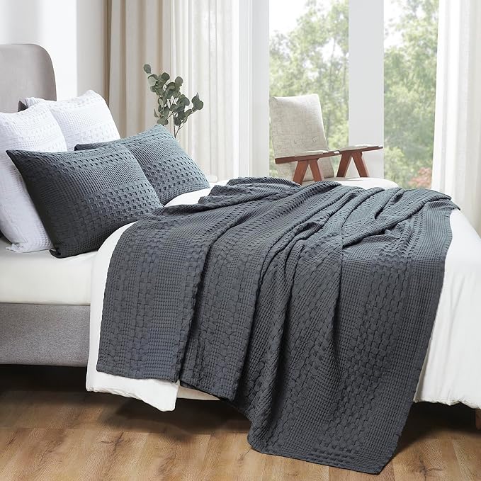VHC Brands 100% Cotton Waffle Weave Twin Blanket 66"x90", Decorative Lightweight Spring and Summer Throw Blanket, Bedroom Decor for Bed, Couch, or Sofa, Dark Grey