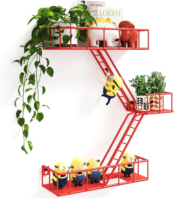 Fire Escape Shelf - 3 Tier Metal Red Fire Escape Wall Shelves with Baskets, New York Action Figurine Display Shelf, Unique Rustic Floating Decorative Wall Shelves for Any Room